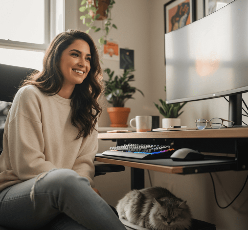 Confident woman working at home office desk with laptop, representing data-driven lottery strategy